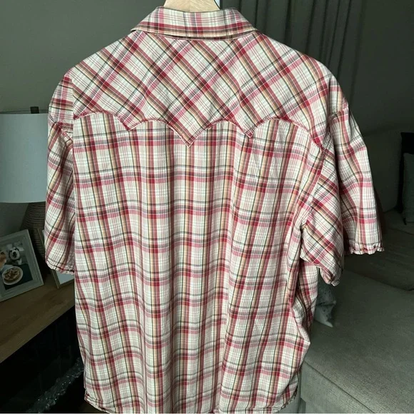Wrangler Mens Short Sleeve Snap Close Red/white/orange/silver Plaid Shirt Sz XL - Picture 11 of 16